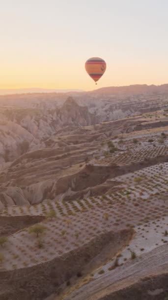 Türkiye 'nin Kapadokya üzerinde gökyüzünde uçan sıcak hava balonlarının dikey videosu. — Stok video