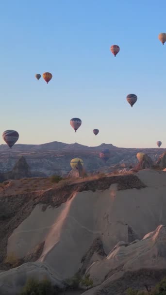 Vidéo verticale de montgolfières volant dans le ciel au-dessus de la Cappadoce, Turquie. — Video