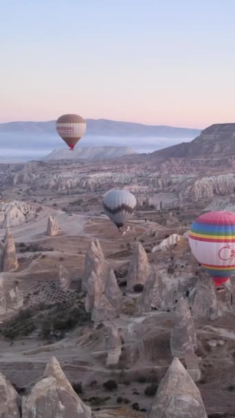 カッパドキア、トルコ上空を飛ぶ熱気球の垂直ビデオ. — ストック動画