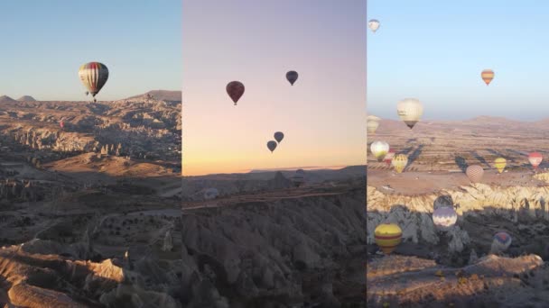 Video vertikal tiga-banding-satu: Penerbangan balon di Kapadokia, Turki — Stok Video