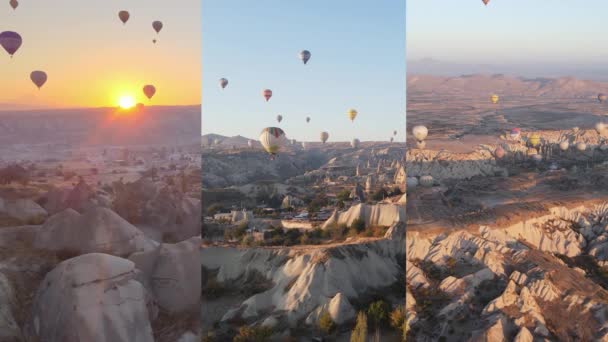 Vídeo vertical tres en uno: Vuelo de globos en Capadocia, Turquía — Vídeo de stock