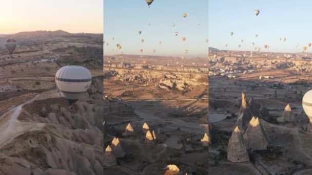 Three-in-one vertical video : Flight of balloons in Cappadocia, Turkey — Stock Video