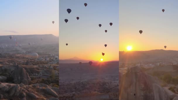 Wideo pionowe trzy w jednym: Lot balonów w Kapadocji, Turcja — Wideo stockowe