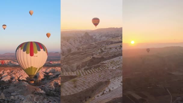 Drie-in-één verticale video: Ballonnen in Cappadocia, Turkije — Stockvideo