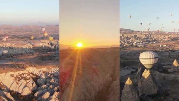 Tre-i-en vertikal video: Flygning av ballonger i Kappadokien, Turkiet — Stockvideo