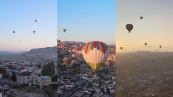 Svislé video tři v jednom: Let balónů v Cappadocii, Turecko — Stock video