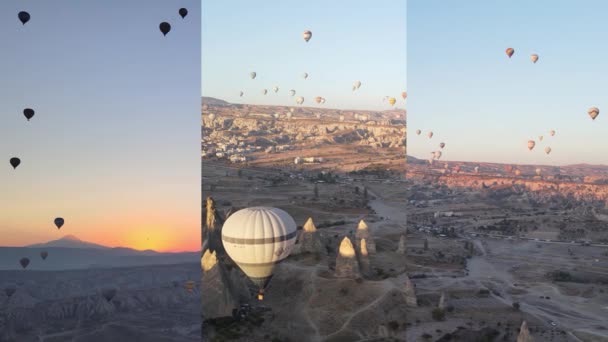 Wideo pionowe trzy w jednym: Lot balonów w Kapadocji, Turcja — Wideo stockowe