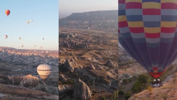 Svislé video tři v jednom: Let balónů v Cappadocii, Turecko — Stock video