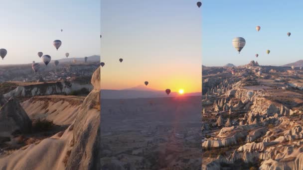 Tre-i-en vertikal video: Flygning av ballonger i Kappadokien, Turkiet — Stockvideo