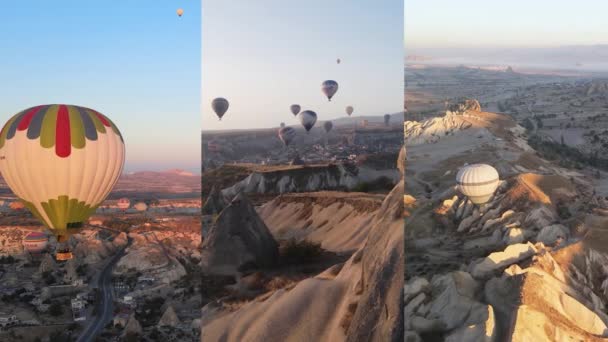 Tre-i-en vertikal video: Flygning av ballonger i Kappadokien, Turkiet — Stockvideo