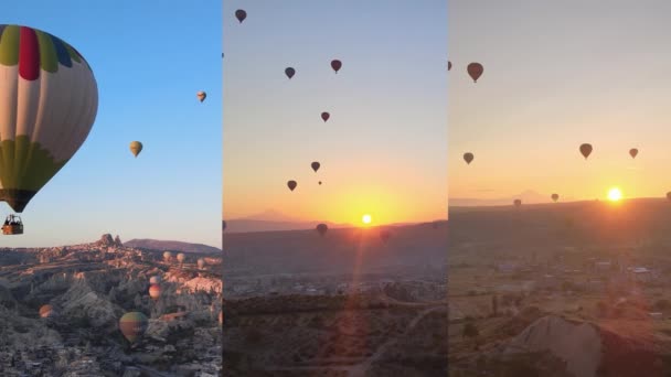 三合一垂直视频：气球在土耳其卡帕多西亚的飞行 — 图库视频影像