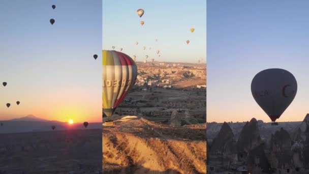 Vídeo vertical três em um: Voo de balões na Capadócia, Turquia — Vídeo de Stock