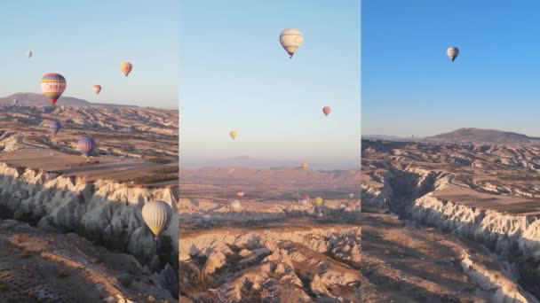 Három az egyben vertikális videó: ballonok repülése Kappadociában, Törökországban — Stock videók
