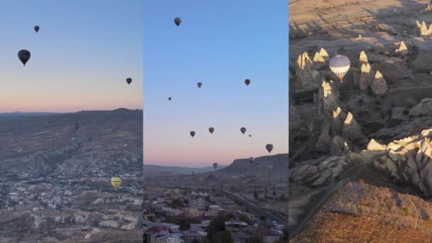 Vídeo vertical tres en uno: Vuelo de globos en Capadocia, Turquía — Vídeo de stock