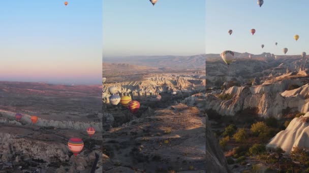 Üçü bir arada dikey video: Türkiye 'nin Kapadokya kentinde balon uçuşu — Stok video