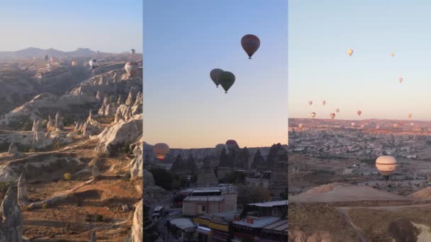 Három az egyben vertikális videó: ballonok repülése Kappadociában, Törökországban — Stock videók