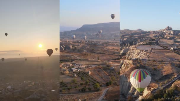 Három az egyben vertikális videó: ballonok repülése Kappadociában, Törökországban — Stock videók