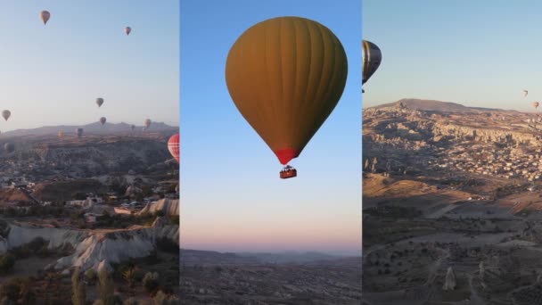 Drie-in-één verticale video: Ballonnen in Cappadocia, Turkije — Stockvideo