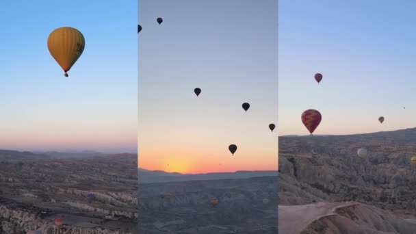 Vídeo vertical três em um: Voo de balões na Capadócia, Turquia — Vídeo de Stock