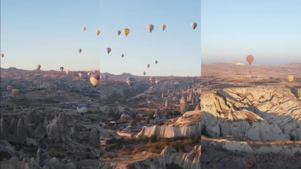 Three-in-one vertical video : Flight of balloons in Cappadocia, Turkey — Stock Video