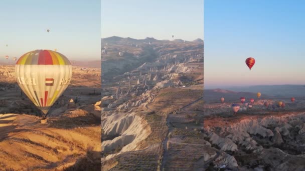 Drie-in-één verticale video: Ballonnen in Cappadocia, Turkije — Stockvideo