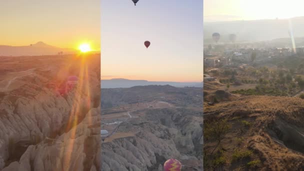 Drie-in-één verticale video: Ballonnen in Cappadocia, Turkije — Stockvideo