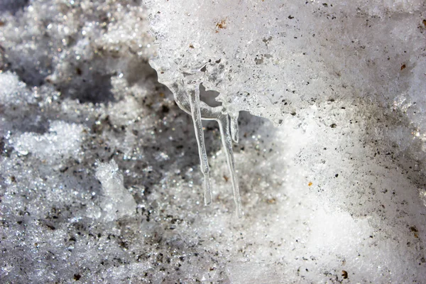 Schneeverwehungen Eingefrorene Eiszapfen Auf Einer Schneewehe Schmutziger Schnee — Stockfoto