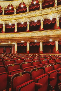 The interior of the auditorium of the Opera and Ballet Theater in Odessa.