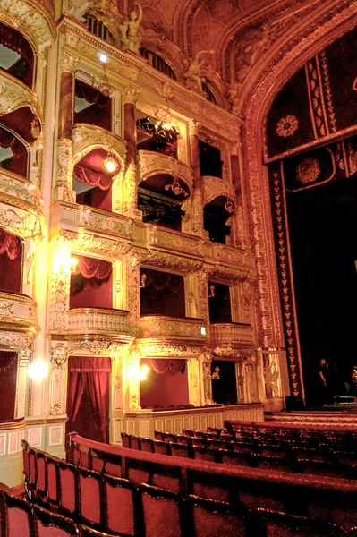 The interior of the auditorium of the Opera and Ballet Theater in Odessa.
