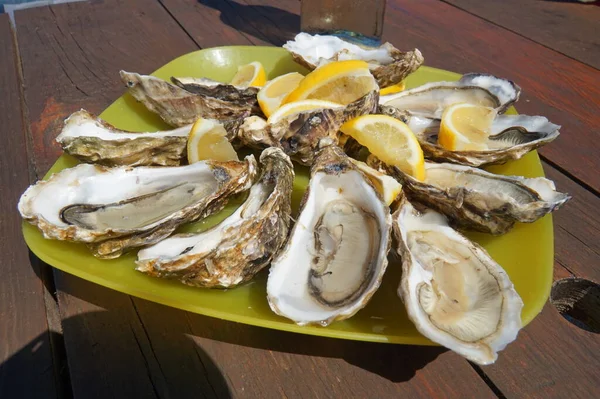 新鮮な牡蠣とレモンのプレート — ストック写真
