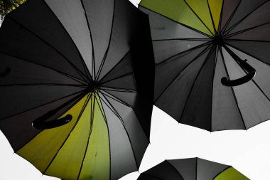Çok renkli şemsiyeler asmak. Alışılmadık dekor.   