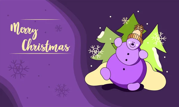 Örgü şapkalı neşeli mor kardan adam. Noel sevimli çizgi film karakteri.
