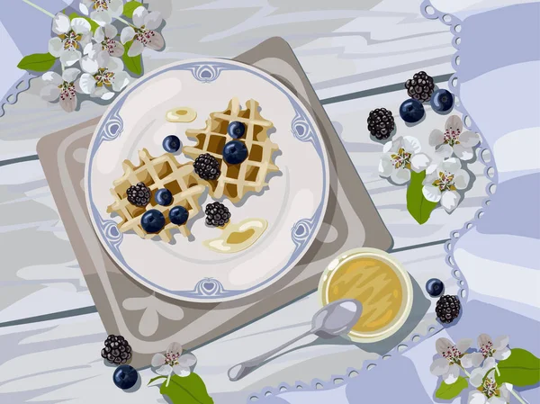 Vector image in pastel colors. The view from the top. Belgian waffles with blueberries and blackberries. — Stock Vector