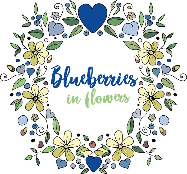 Dekorasyon için romantik yuvarlak çelenk. Tasarım için çiçeklerin ve yaban mersinlerinin vektör ögeleri.