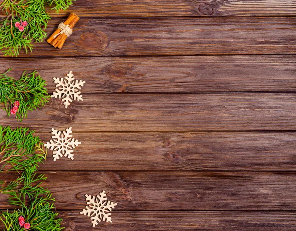 Fond Noël Nouvel Bois Avec Décorations Arbres Noël Baies Rouges — Photo