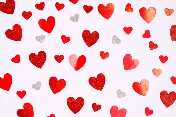 Padrão Corações Românticos Vermelhos Fundo Branco Dia Dos Namorados Conceito — Fotografia de Stock