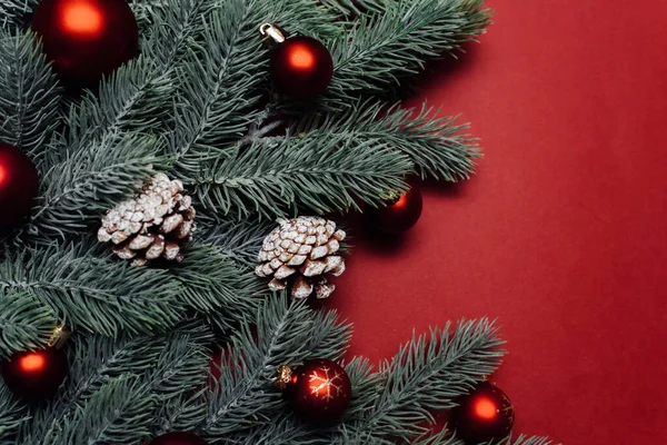 Χριστουγεννιάτικες κόκκινες διακοσμήσεις, κλαδιά ελάτης σε κόκκινο φόντο. Επίπεδη. Χριστουγεννιάτικη φύση. Επίπεδο lay, πάνω όψη, αντιγραφή χώρου — Φωτογραφία Αρχείου