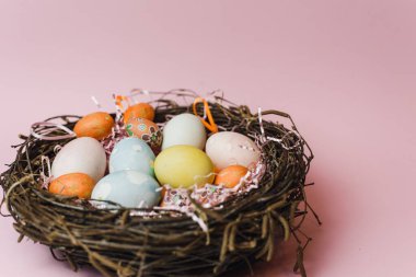 Bir dal yuvası, saman ve pastel renkli Paskalya yumurtalarıyla doldurulmuş pembe bir kağıt. Paskalya tatili için boyanmış ve dekoratif yumurtalar. Pembe arka planda Paskalya kartı.