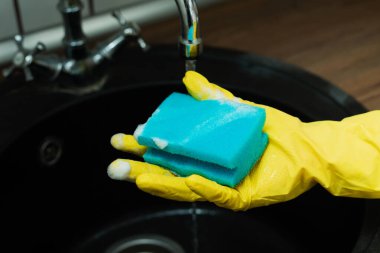 Lastik eldivenli bir kız bulaşık ve köpük sabunu için sünger tutuyor. Süngerle köpük sabunu yakın çekim.