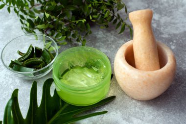 Kozmetik ürünlerinin yanında yeşil aloe vera jeli. Yüz ve cilt bakımı.