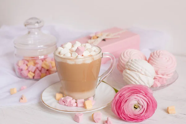 Dobré Ranní Přání Růžové Šálek Kávy Marshmallow Růžový Květ Světle — Stock fotografie