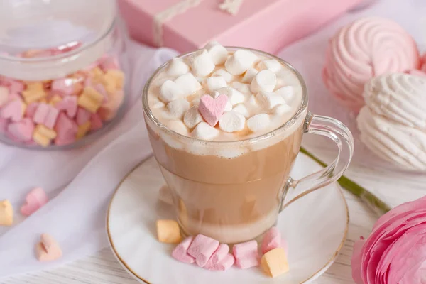 Bom Dia Cartão Rosa Uma Xícara Café Marshmallow Uma Flor — Fotografia de Stock
