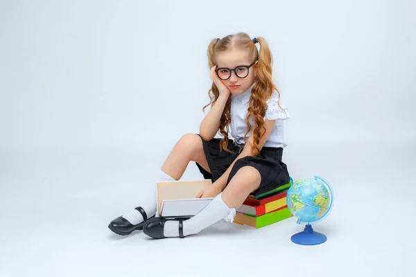 Little Girl School Uniform Glasses Posing Studio — Stock Photo, Image