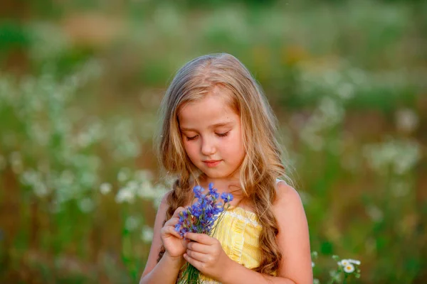 Cute Little Girl Trawie Pozowanie Dzikimi Kwiatami — Zdjęcie stockowe