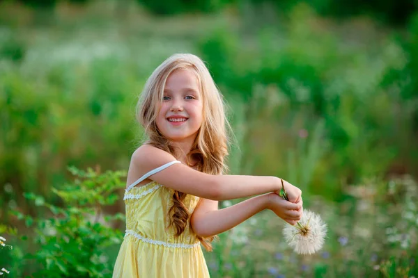 Linda Niña Con Diente León Campo — Foto de Stock