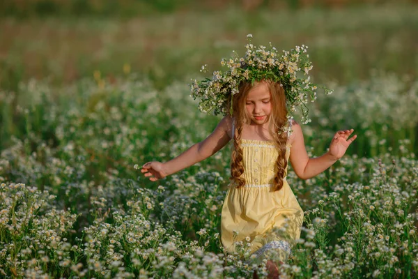 Krásná Dívka Pózuje Poli Květinovým Věncem — Stock fotografie