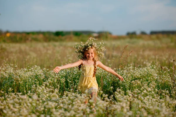 Menina Bonita Posando Campo Usando Coroa Flores — Fotografia de Stock