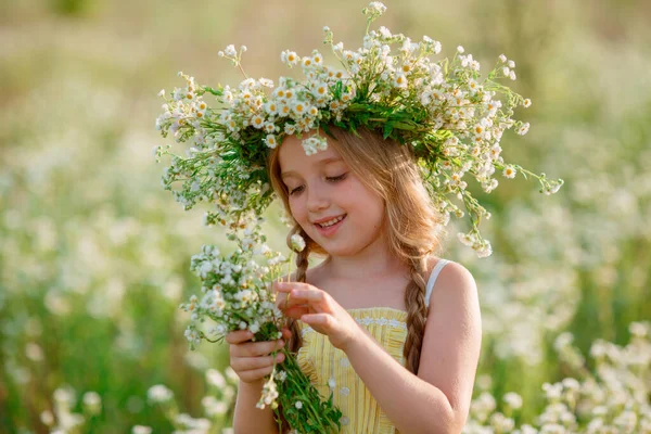 Mooi Meisje Poseren Het Veld Dragen Bloem Krans — Stockfoto