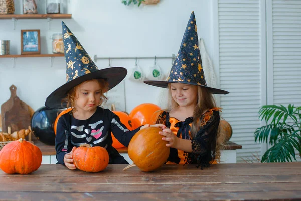 Dos Niñas Posando Estudio Vistiendo Disfraces Halloween — Foto de Stock