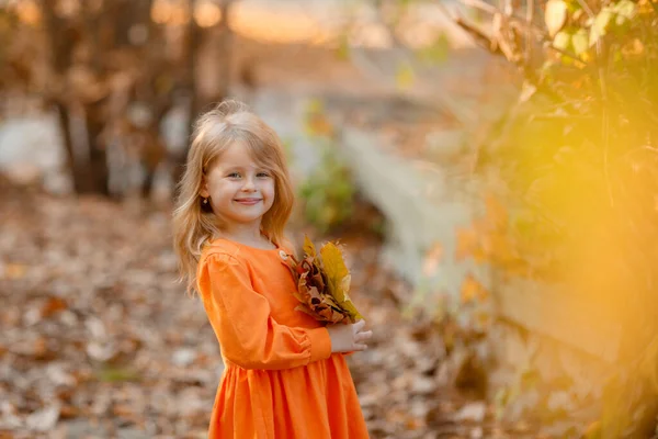Menina Adorável Posando Vestido Laranja Parque Outono — Fotografia de Stock